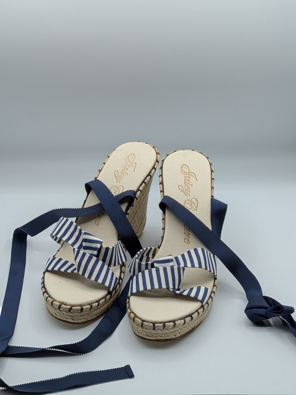 Juicy Couture Navy and White Striped Espadrille Wedge Sandals